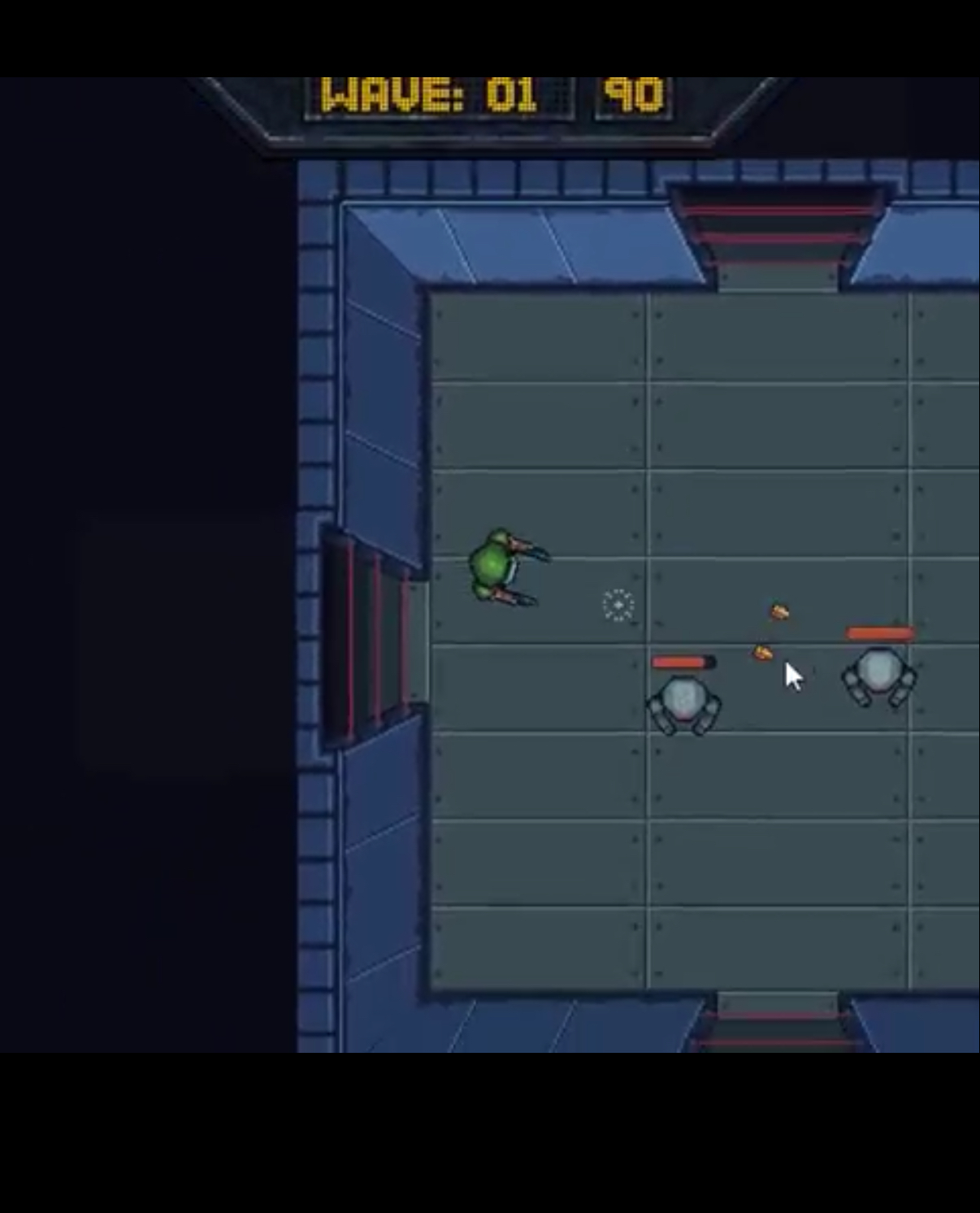 Player shooting at two robots in the arena